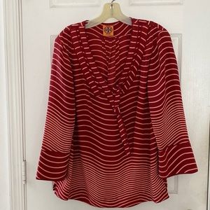 Tory Burch 3:4 sleeve blouse. Varying stripes . Pink and cranberry stripes
